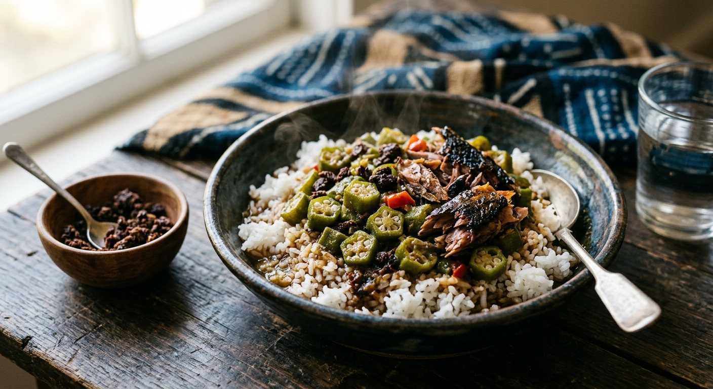 Lafidi (Steamed Rice with Okra, Soumbala, and Smoked Fish Sauce) — Mali