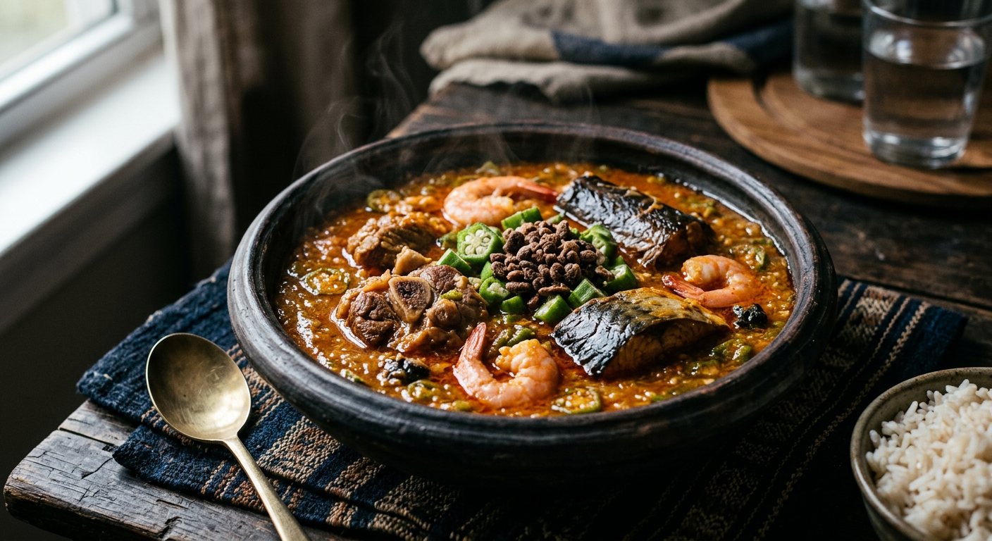 Soupou Kandja (Okra and Palm Oil Stew with Smoked Fish and Meat) — Senegal