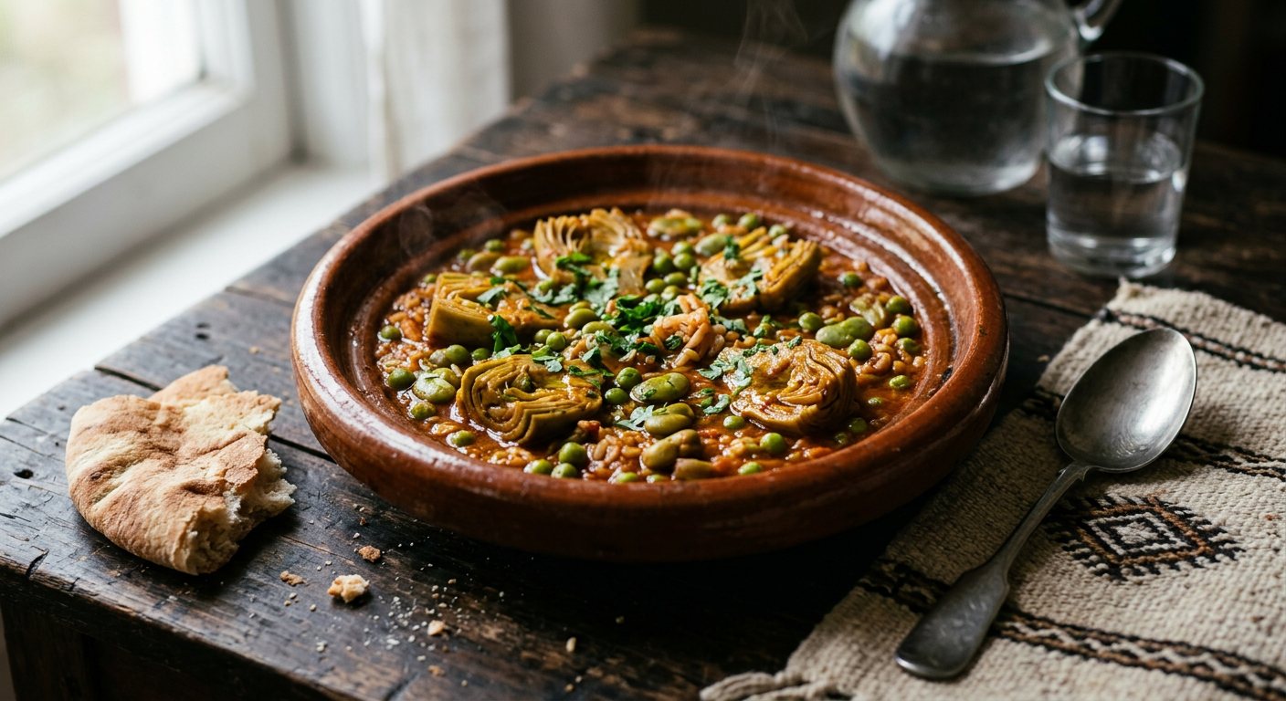Tbikha (Spring Medley of Artichoke Hearts, Fava Beans, and Peas in Spicy Garlic Sauce) — Algeria