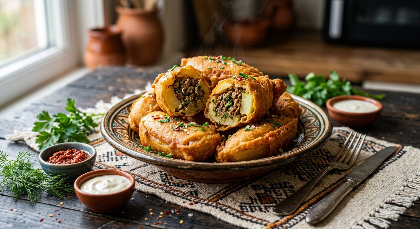 Mbatan (Spiced Minced Meat-Filled Fried Potato Wedges) — Libya