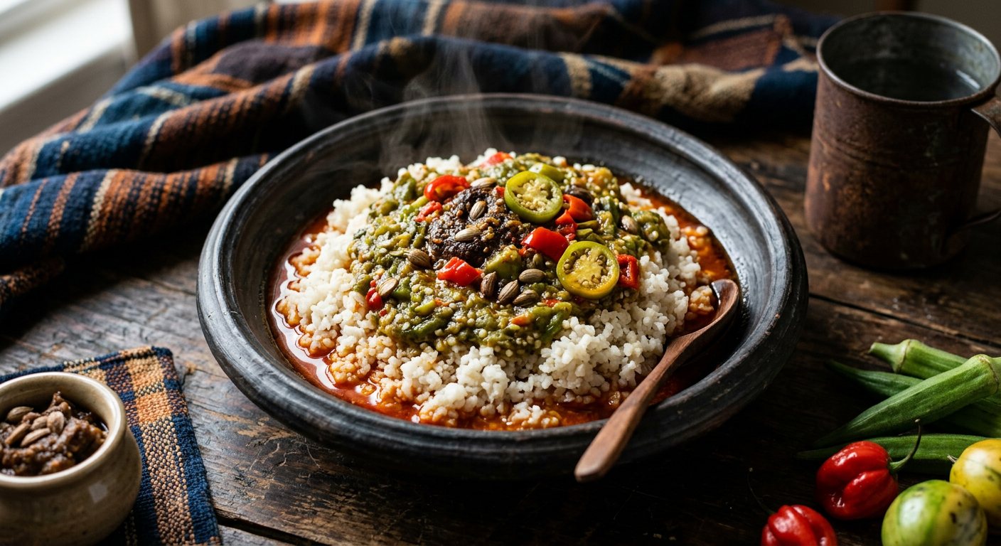 Lafidi (Steamed Rice with Crushed Okra, Palm Oil, and Soumbara) — Guinea