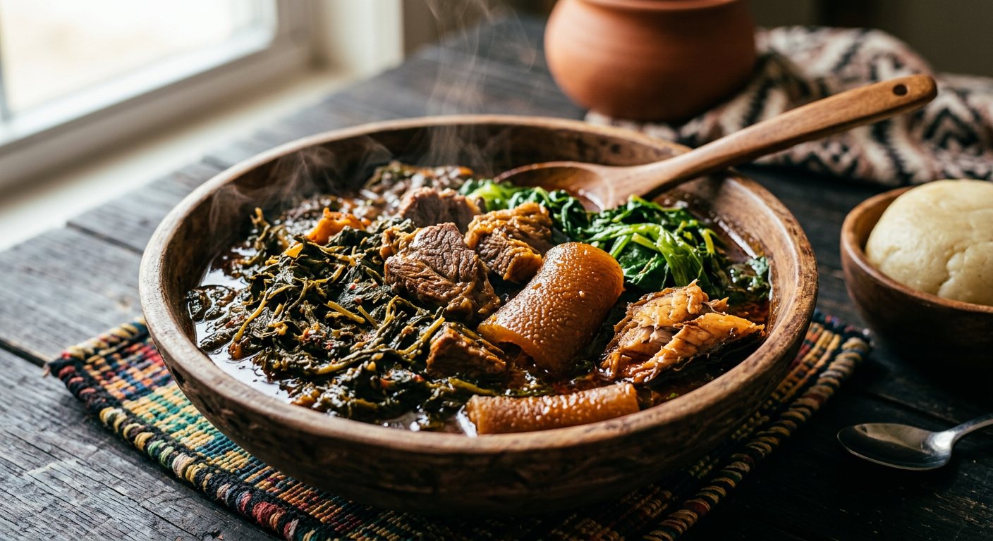 Eru (Wild Gnetum and Waterleaf Stew with Cow Skin and Smoked Fish) — Cameroon