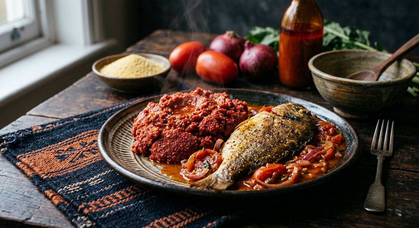 Piron Rouge (Red-Broth Infused Gari Dough with Fish) — Benin