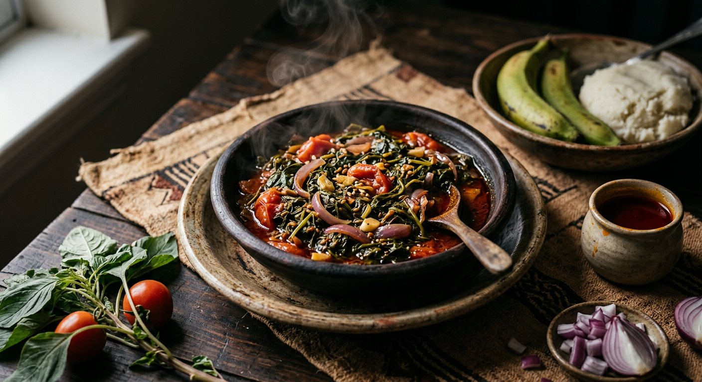 Doodo (Braised Amaranth Greens with Onions and Tomatoes) — Uganda