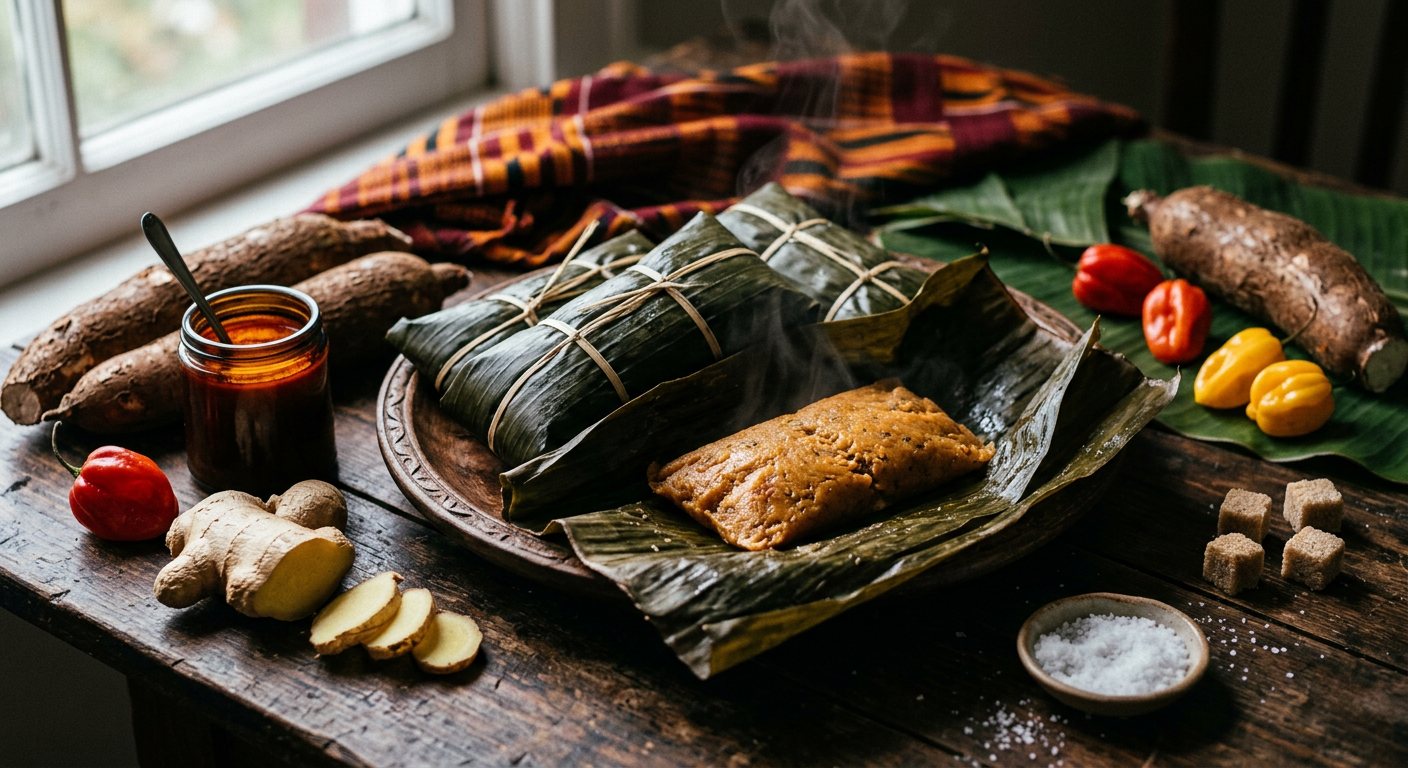 Pusava (Steamed grated cassava cake wrapped in banana leaves) — Liberia