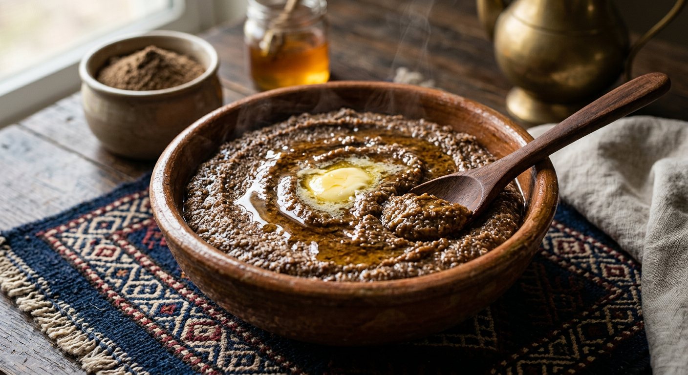 Rouina (Toasted Ground Wheat and Barley Porridge with Butter and Honey) — Algeria
