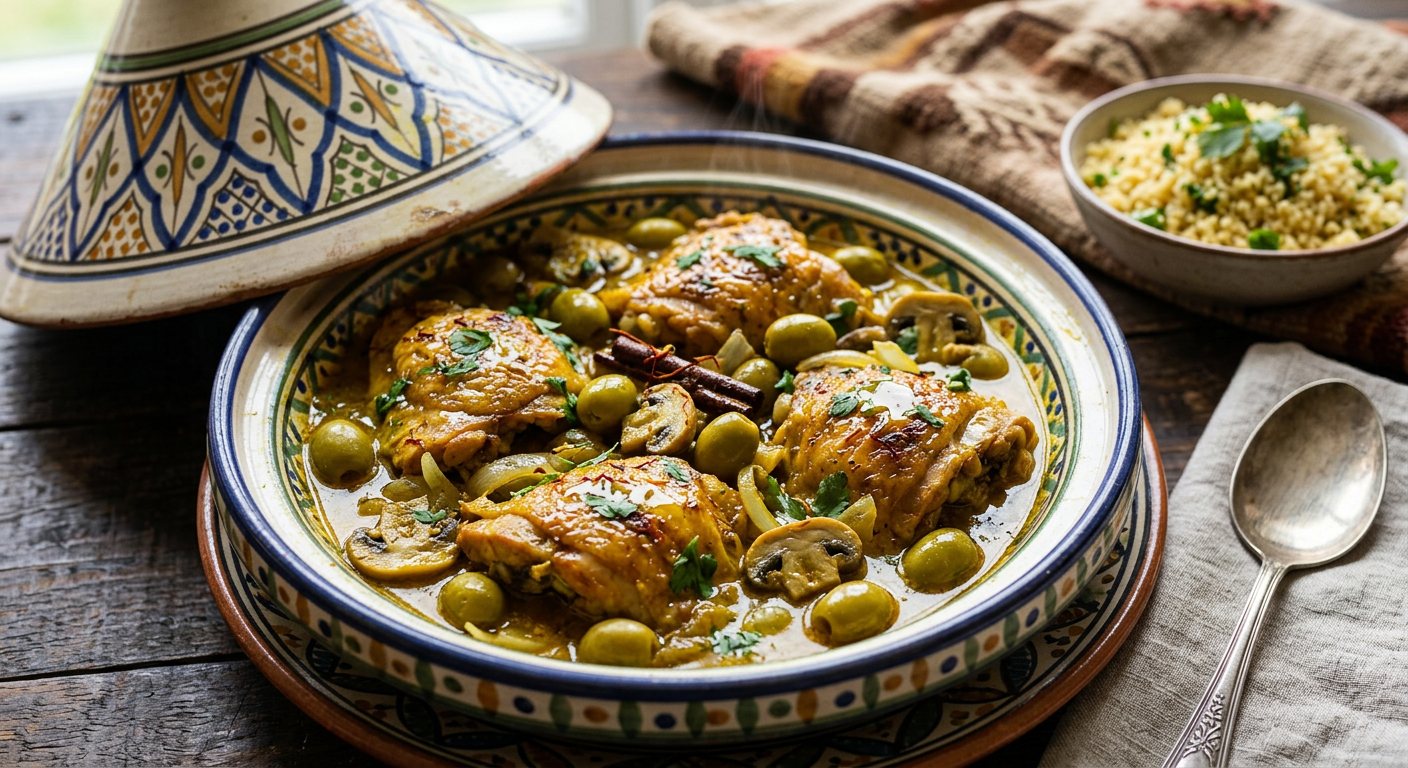 Tajine Zitoune (Braised Chicken with Green Olives and Mushrooms in Lemon-Saffron Sauce) — Algeria