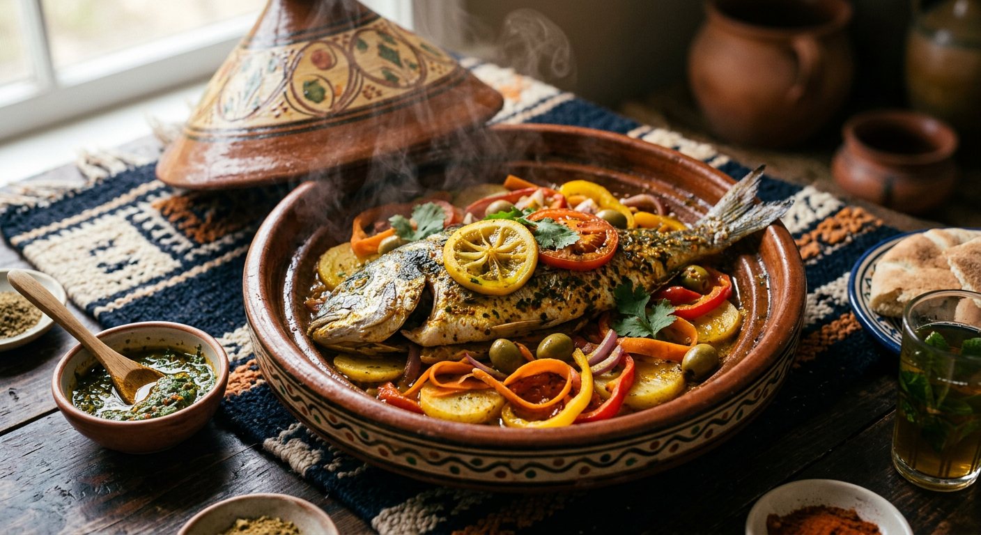 Tagine d'Hout bil Khodra (Baked Spiced Fish and Vegetable Tagine) — Morocco