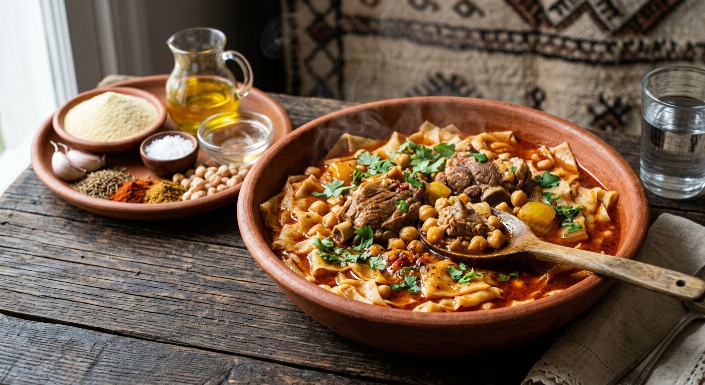 Chakhchoukha de Biskra (Torn Thin Flatbread in Spicy Lamb and Chickpea Broth) — Algeria