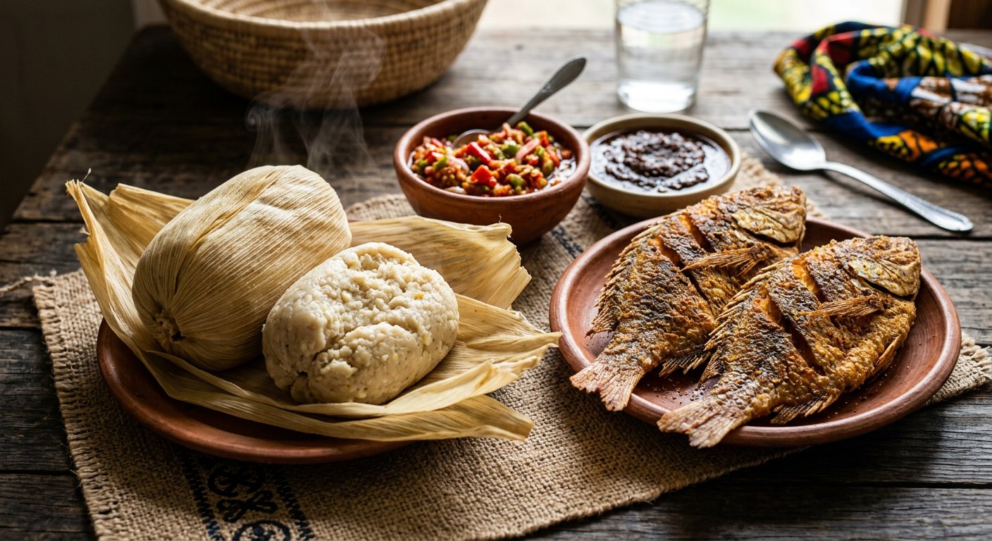 Kenkey and Fried Fish with Raw Pepper (Fermented Corn Dumplings with Fresh Hot Pepper Relish) — Ghana