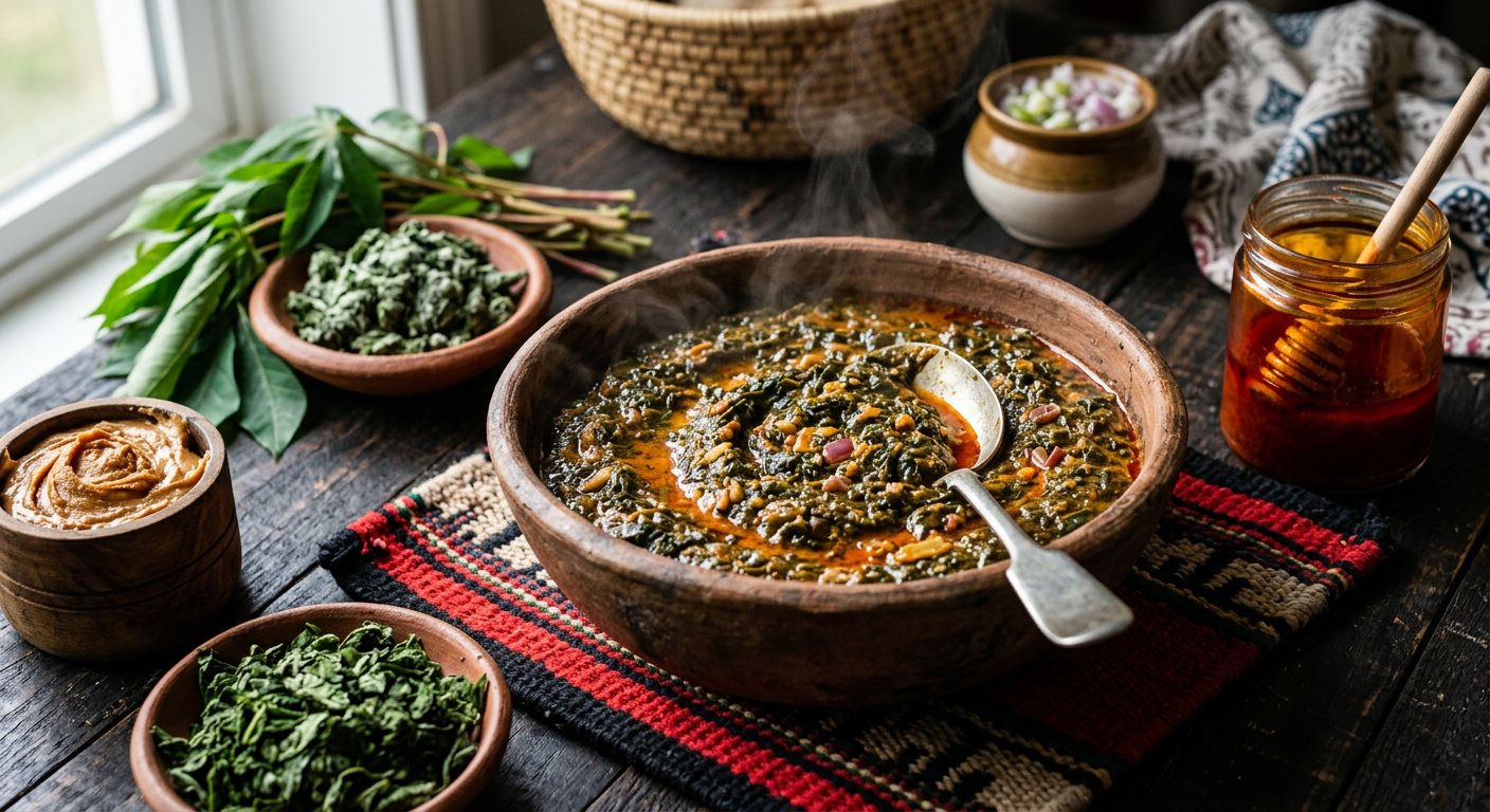 Isombe (Stewed pounded cassava leaves with peanut butter) — Burundi