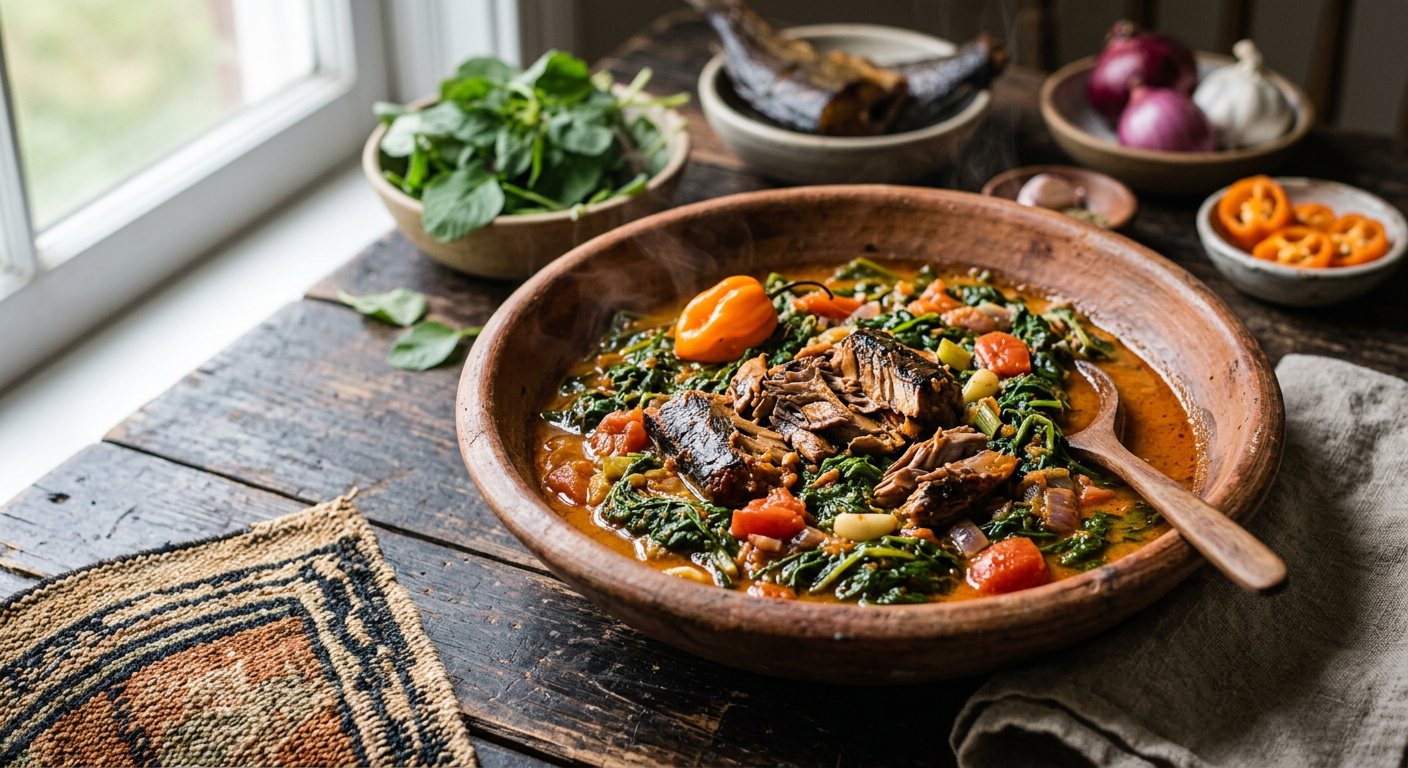 Bitekuteku (Braised Amaranth Greens with Smoked Fish) — DR Congo