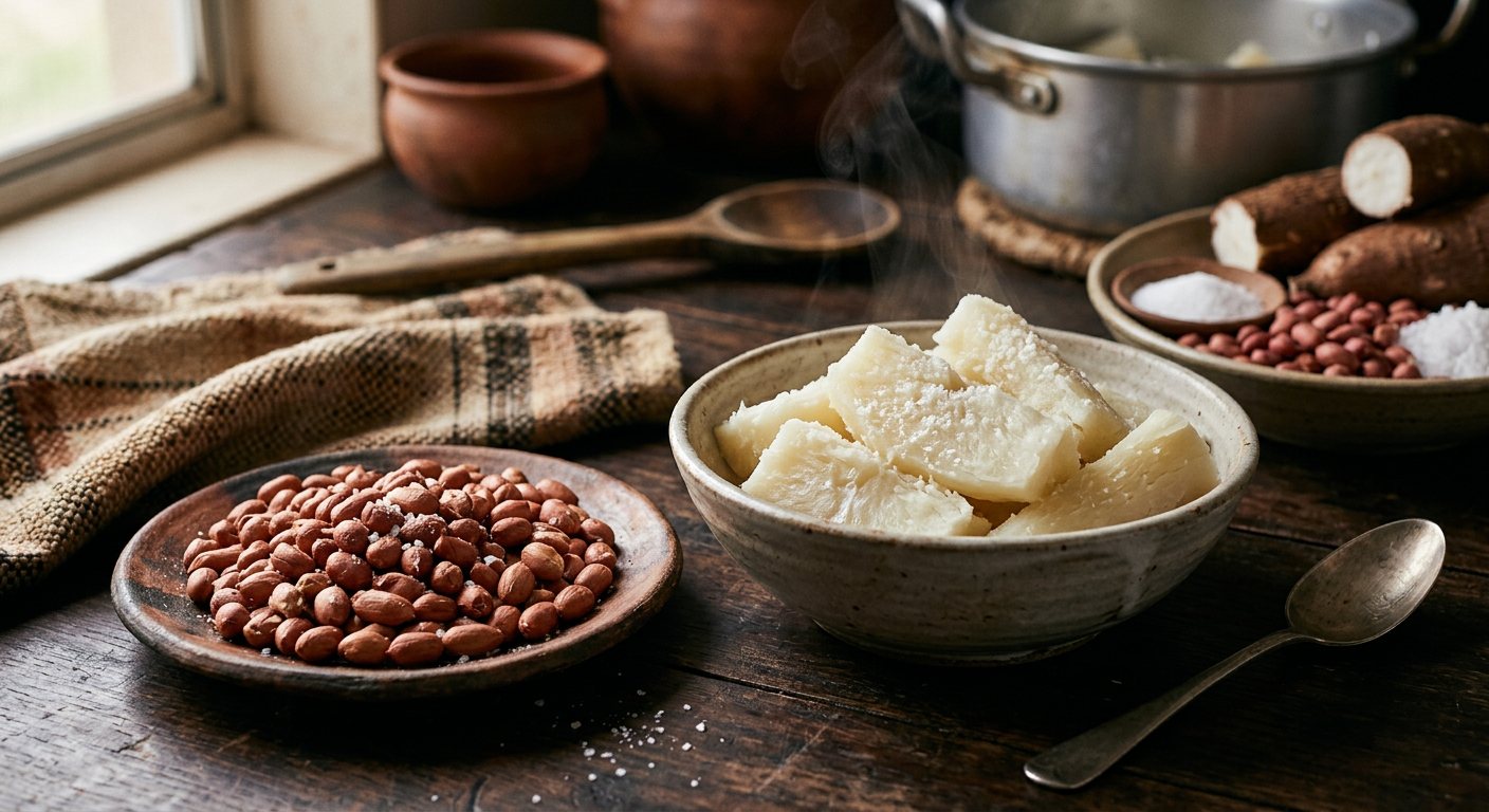 Tute na Mbalala (Steamed Cassava Root with Roasted Peanuts) — Zambia