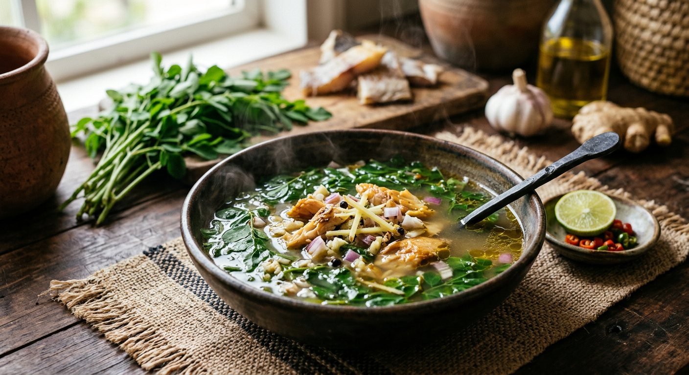 Bred Mouroum avek Pwason Sale (Moringa Leaf Broth with Salted Fish) — Seychelles