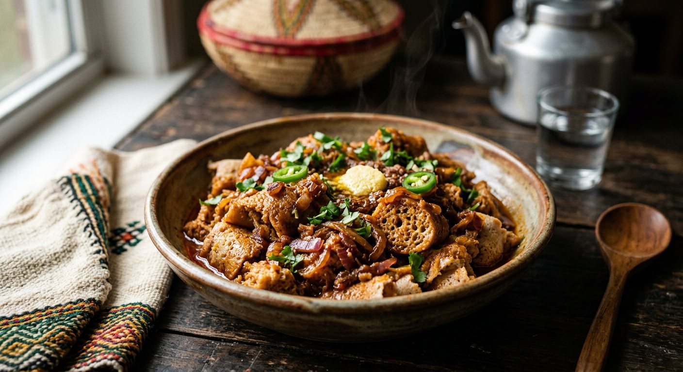 Fitfit (Torn Injera Sautéed in Spiced Broth or Berbere Gravy) — Ethiopia