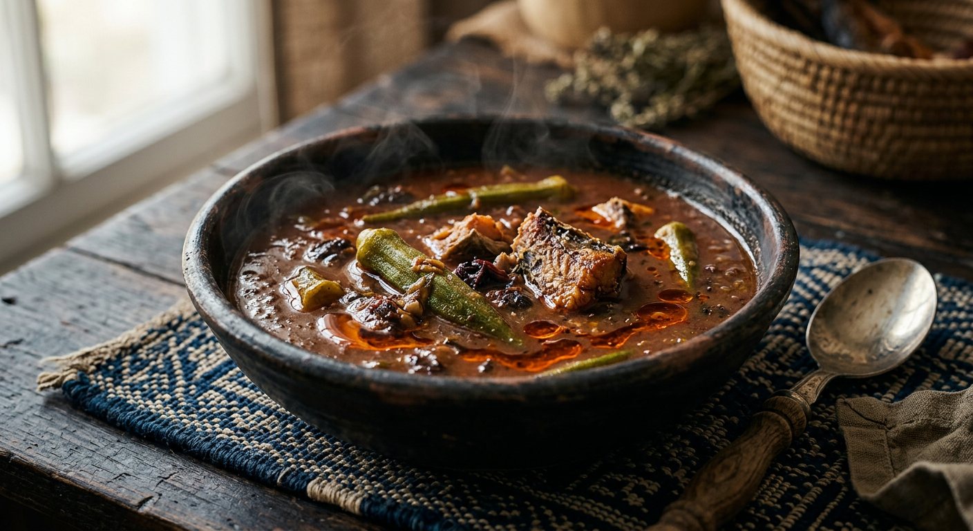 Muteta (Fermented Hibiscus Seed and Dried Fish Soup) — Angola