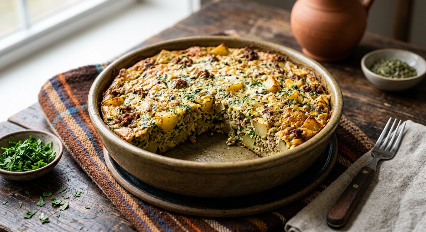 Tajin Maadnous (Baked Minced Meat, Potato, Egg, and Fresh Parsley Omelet) — Libya