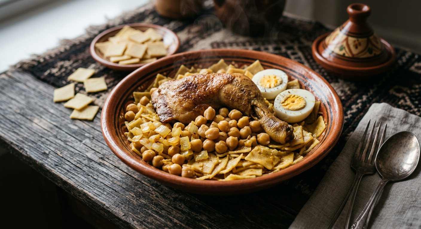 Trida (Steamed Square Pasta Flakes with Chicken, Chickpeas, and Hard-Boiled Eggs) — Algeria