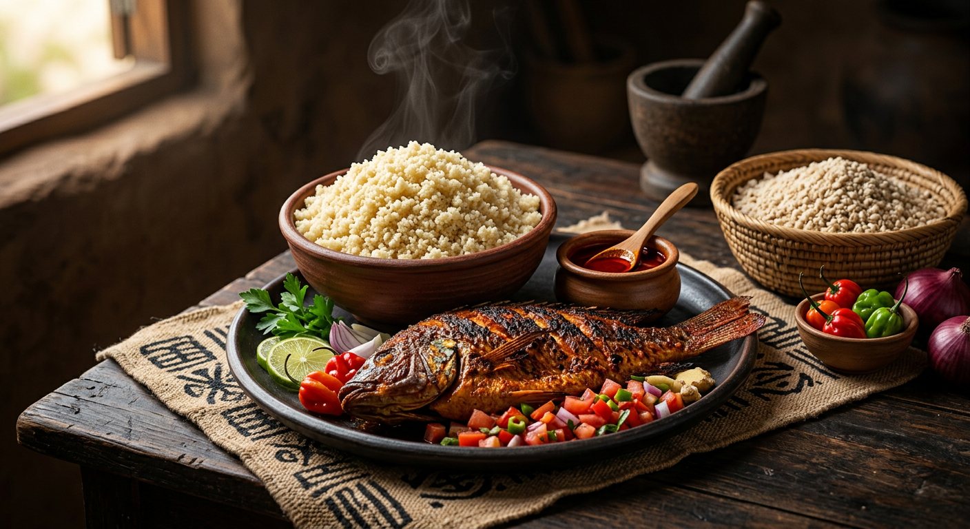 Akyeke (Fermented Grated Cassava Couscous with Grilled Fish) — Ghana