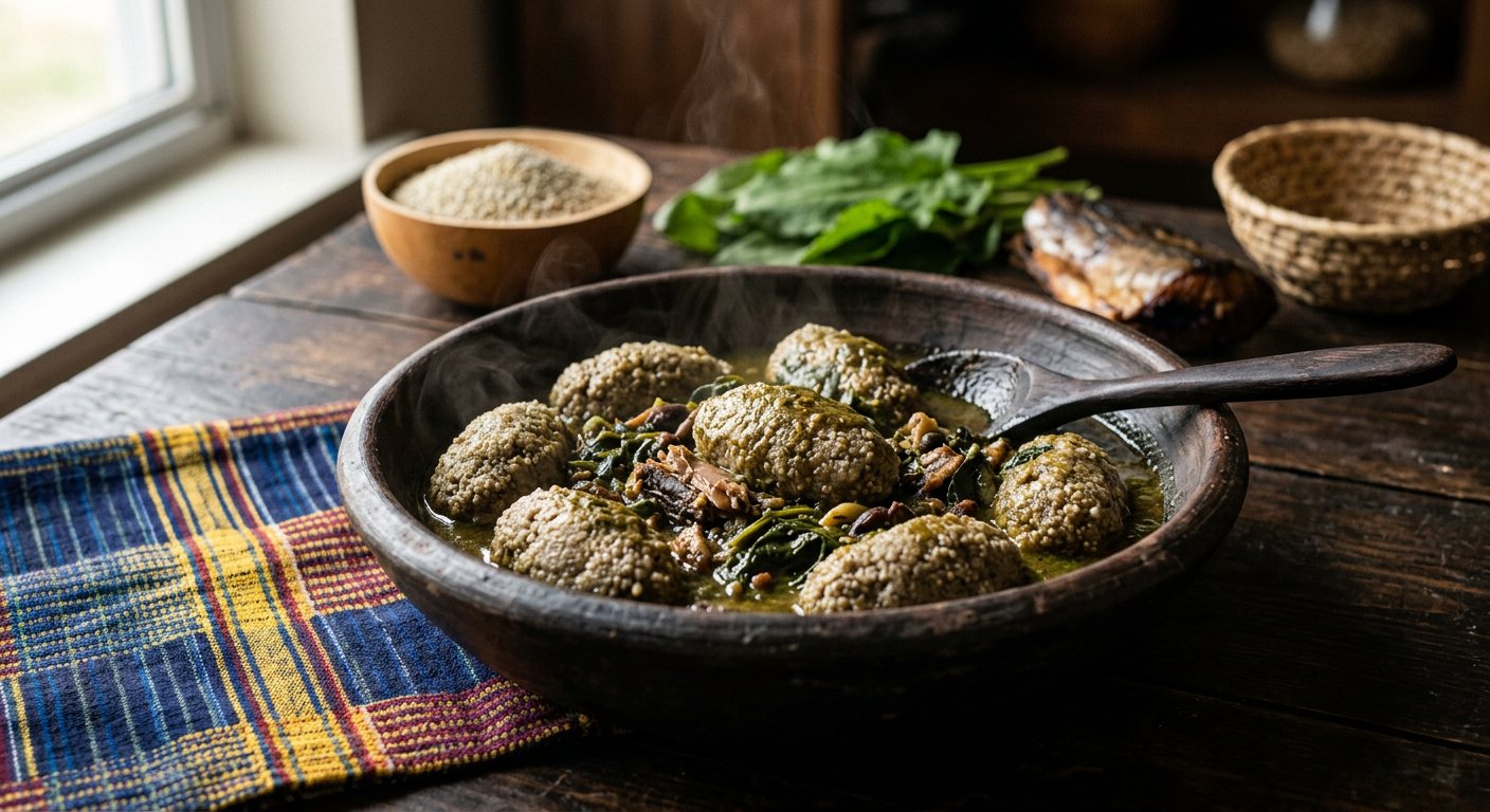 Futoo (Steamed Millet Dumplings in Sorrel Leaf Sauce) — Gambia