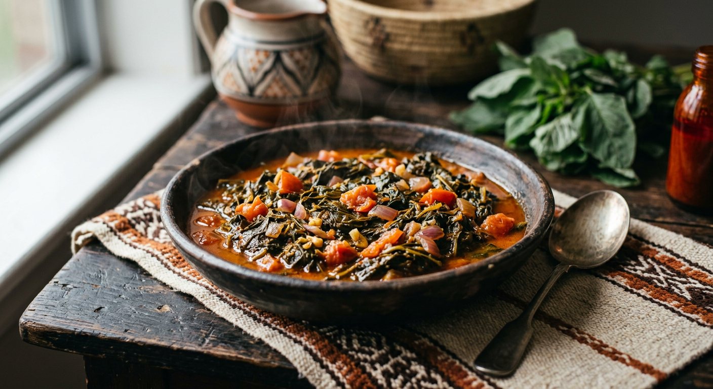 Lengalenga (Braised wild amaranth greens in red palm oil) — Burundi