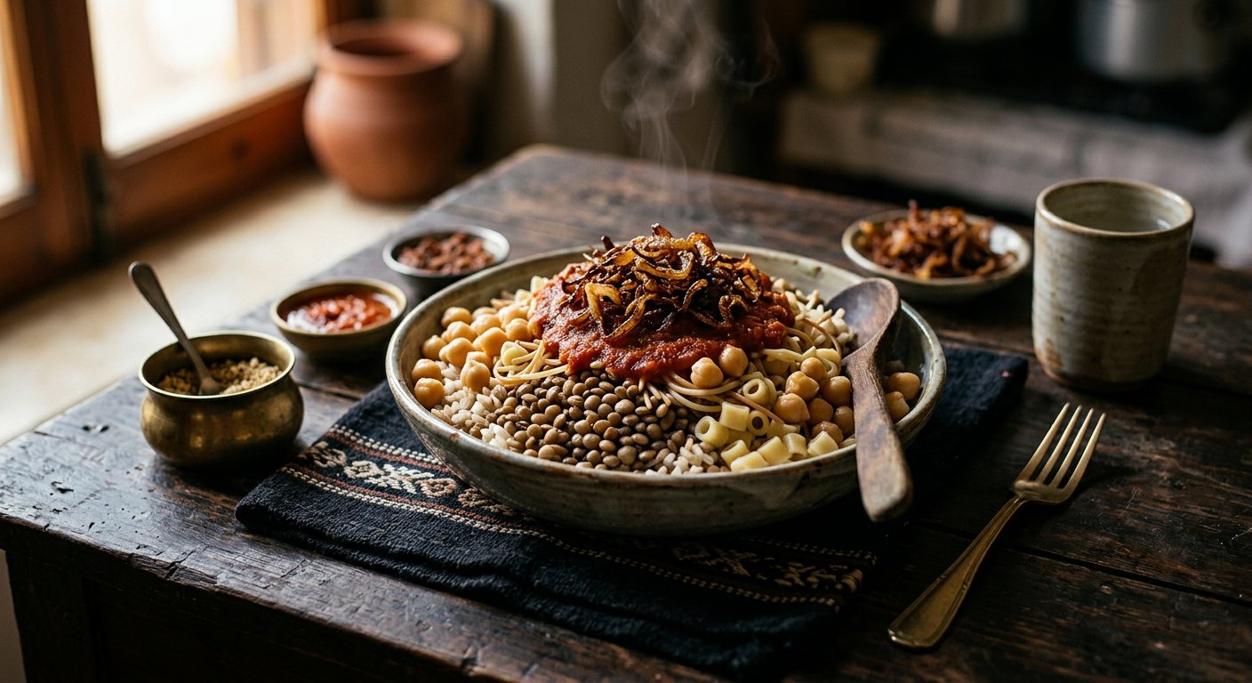 Koshari (Egyptian Rice, Lentil, and Macaroni Bowl with Spiced Dakkah) — Egypt