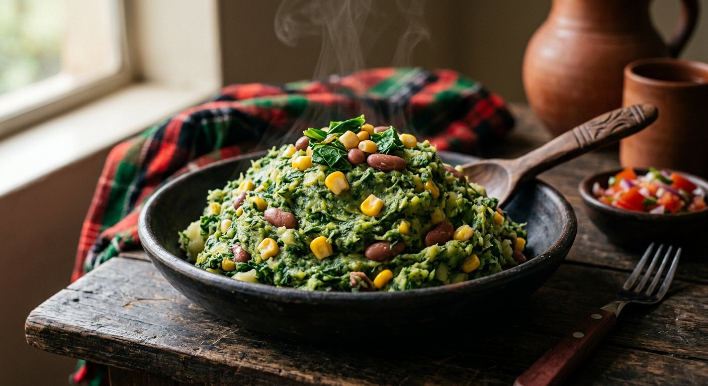 Mukimo (Mashed Potatoes, Pumpkin Leaves, Maize, and Beans) — Kenya