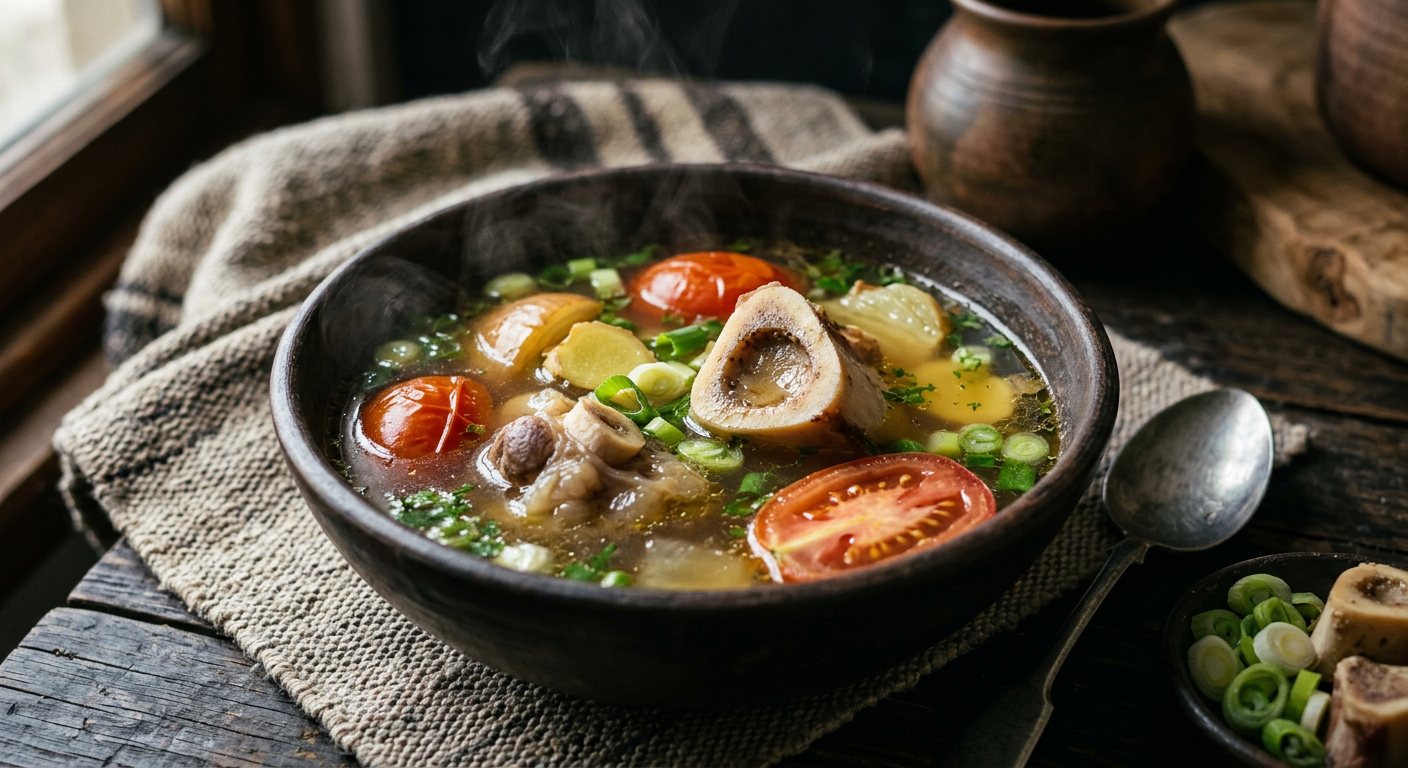 Mabhonzo emombe (Clear Beef Bone Broth with Tomatoes) — Zimbabwe