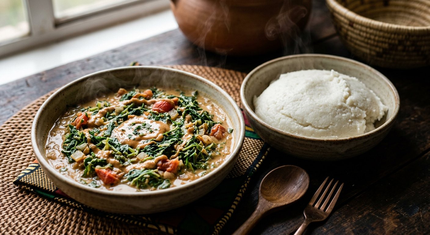 Ifisashi na Nshima (Zambian Greens in Peanut Sauce with White Maize Porridge) — Zambia