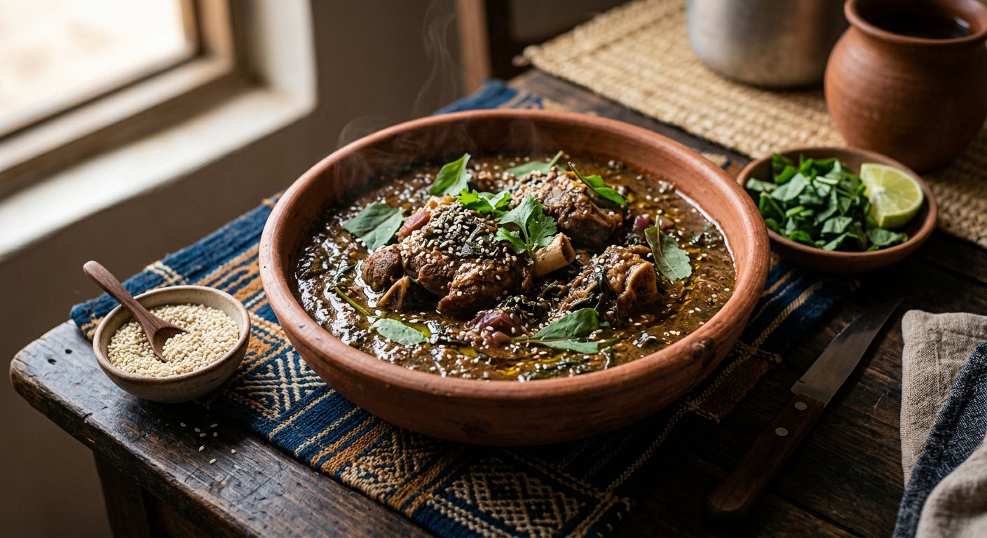 Margou (Zarma Braised Mutton and Leaf Stew with Pounded Sesame) — Niger