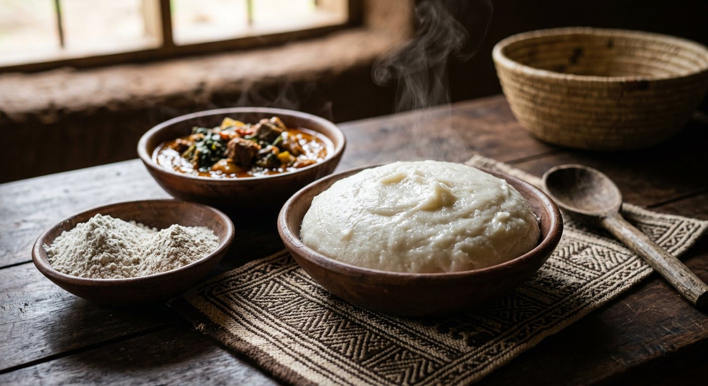 Ubugali bw'imyumbati (Stiff white cassava flour paste) — Burundi