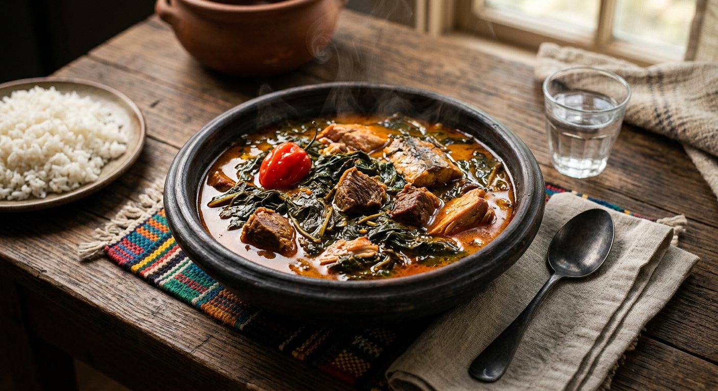 Potato Greens Soup (Braised sweet potato leaves in red palm oil with smoked meats) — Liberia