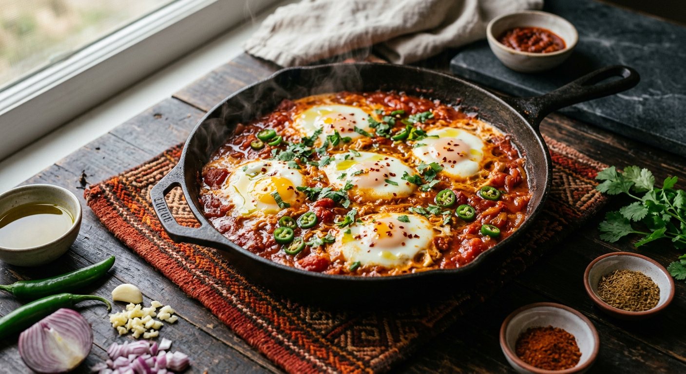 Shakshouka Libiya (Poached Eggs in a Fiery Pepper, Tomato, and Garlic Stew) — Libya