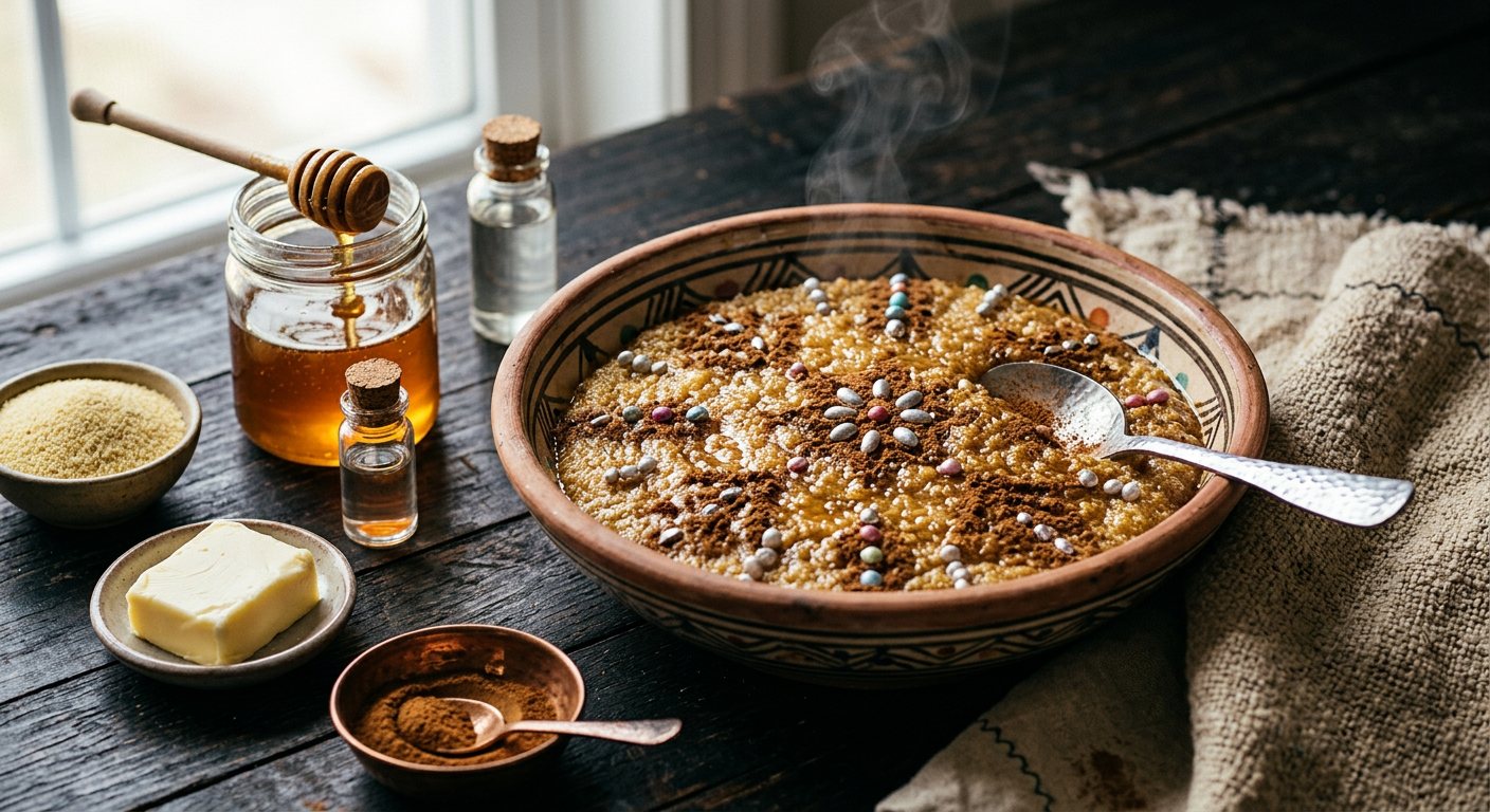 Tamina (Toasted Semolina and Honey Sweet with Cinnamon and Dragées) — Algeria