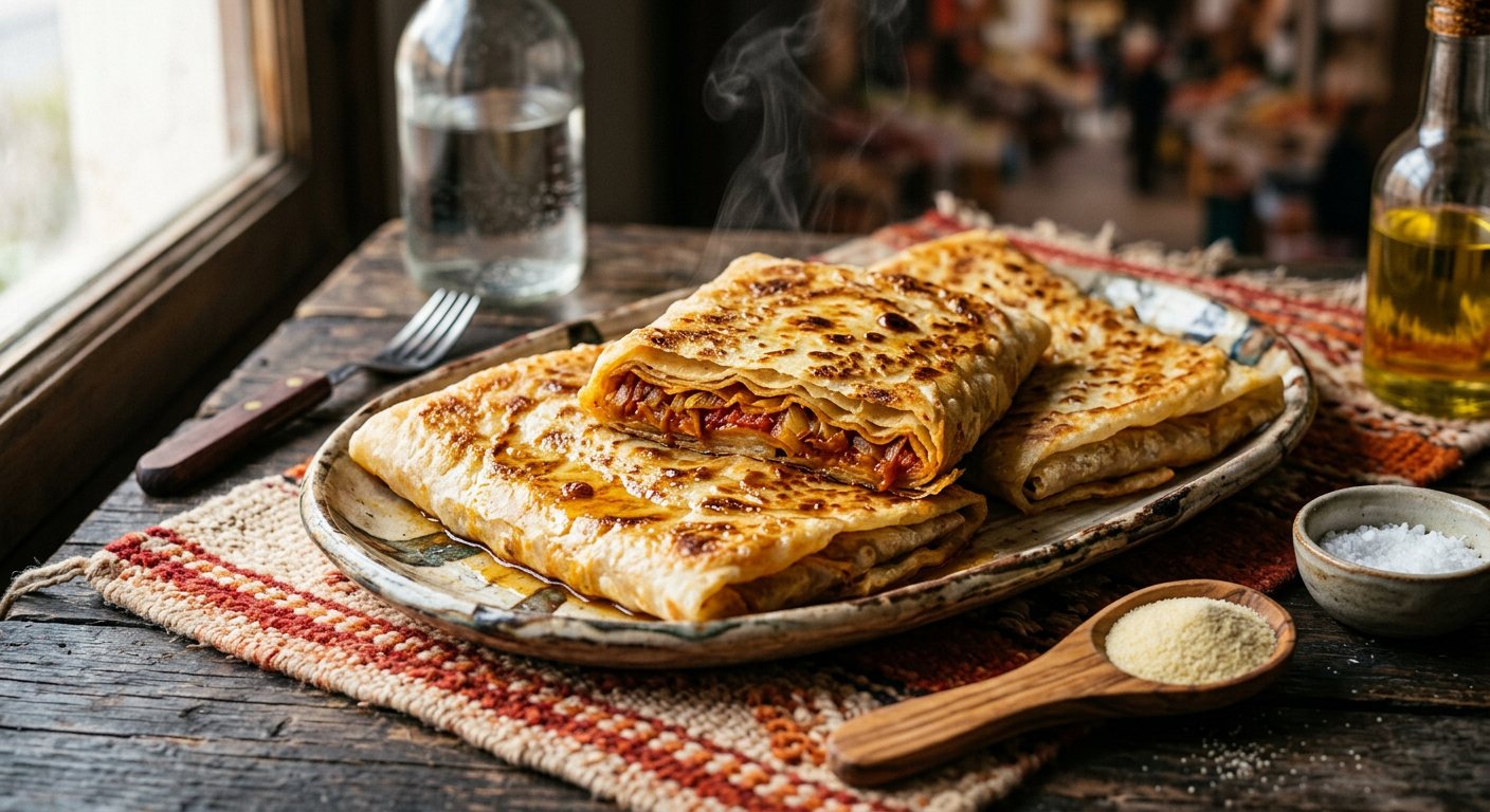 Mhadjeb (Flaky Semolina Crepes Filled with Spiced Onions and Tomatoes) — Algeria