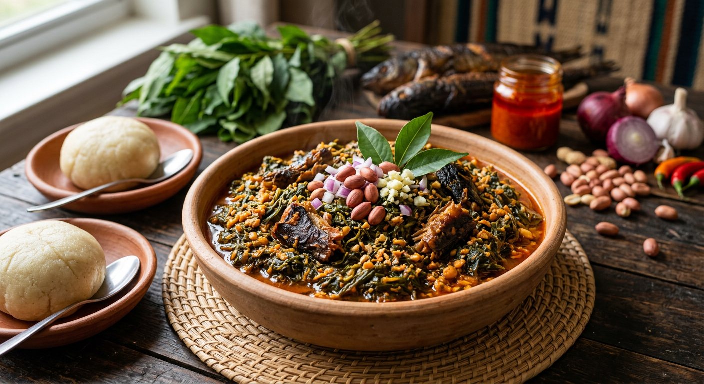 Koko na Gazo (Wild Forest Gnetum Leaves with Smoked Fish and Palm Oil) — Central African Republic
