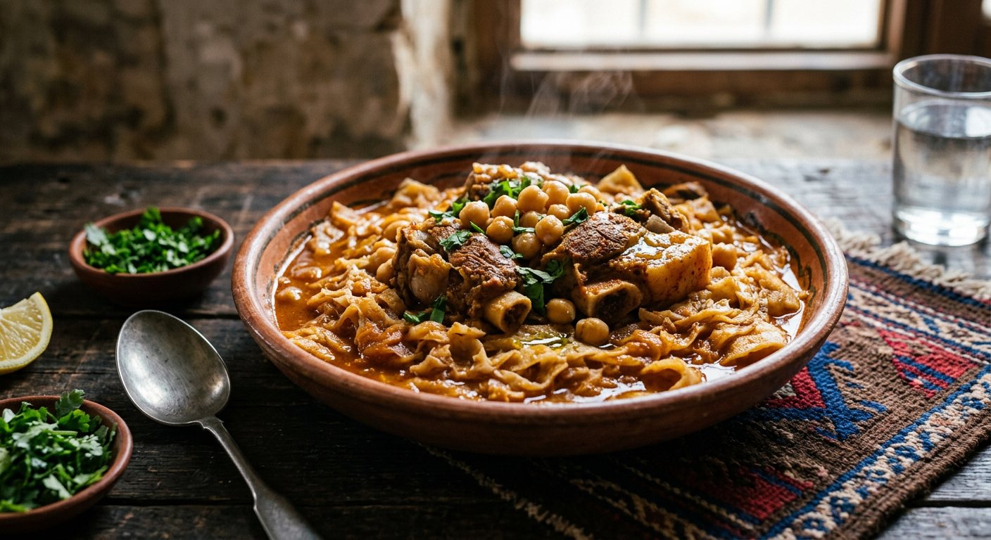 Ftat Derna (Layered Torn Rqaq Bread with Spiced Broth and Lamb) — Libya