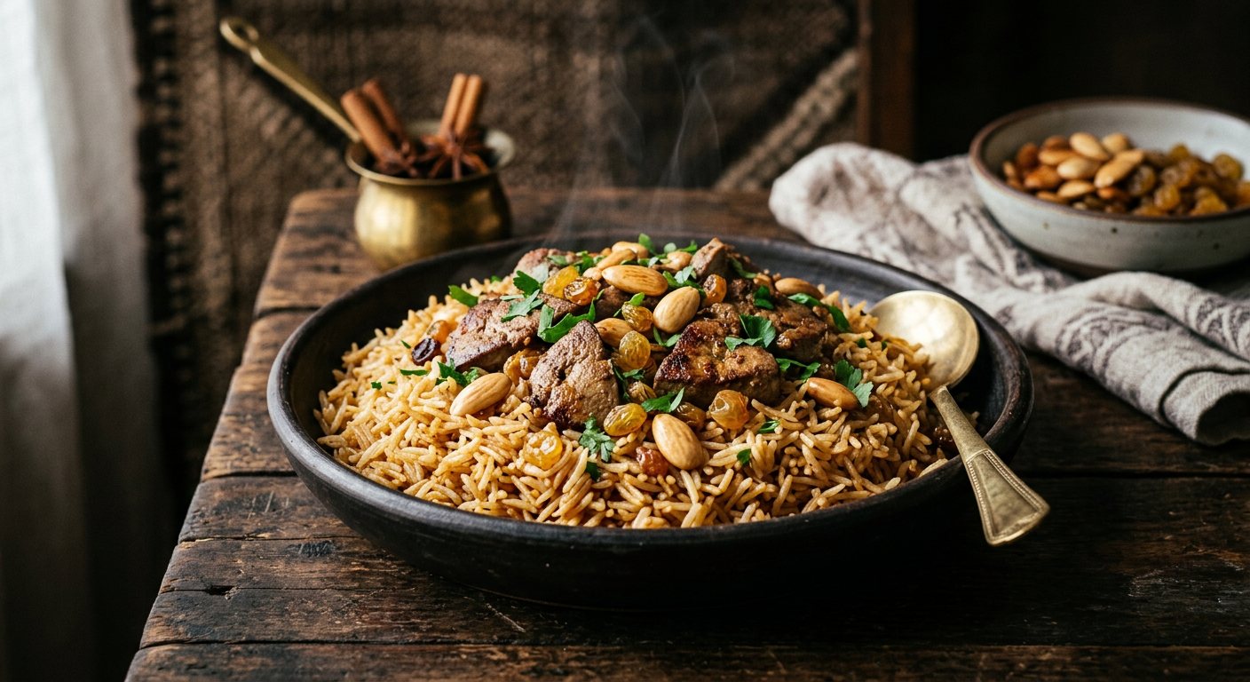 Roz bil-Khalta (Spiced Rice Tossed with Liver, Toasted Almonds, and Sultanas) — Libya