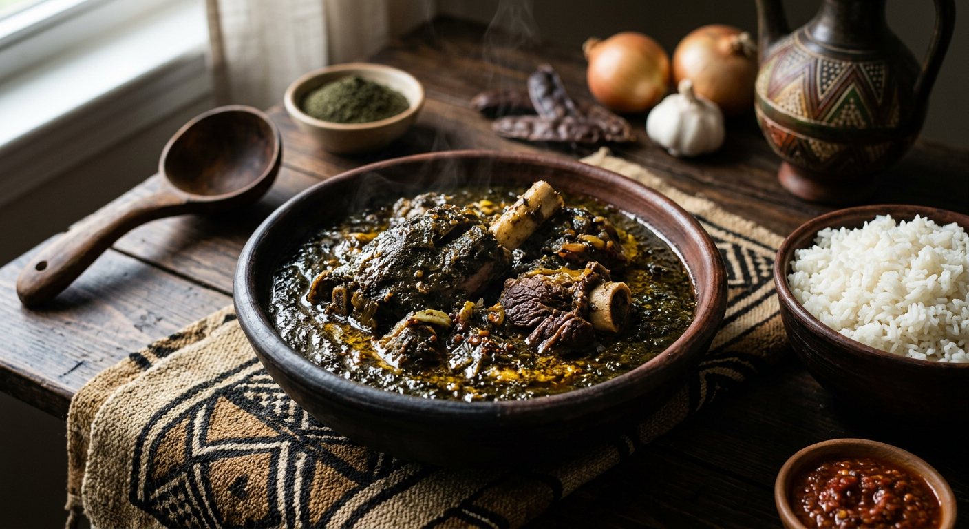 Fakoye (Mutton in Spiced Black Jute Leaf Sauce) — Mali