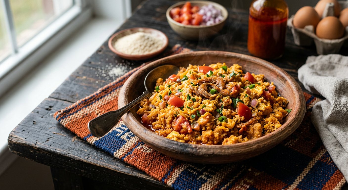 Gari Foto (Moistened Cassava Semolina Scrambled with Eggs and Tomatoes) — Benin