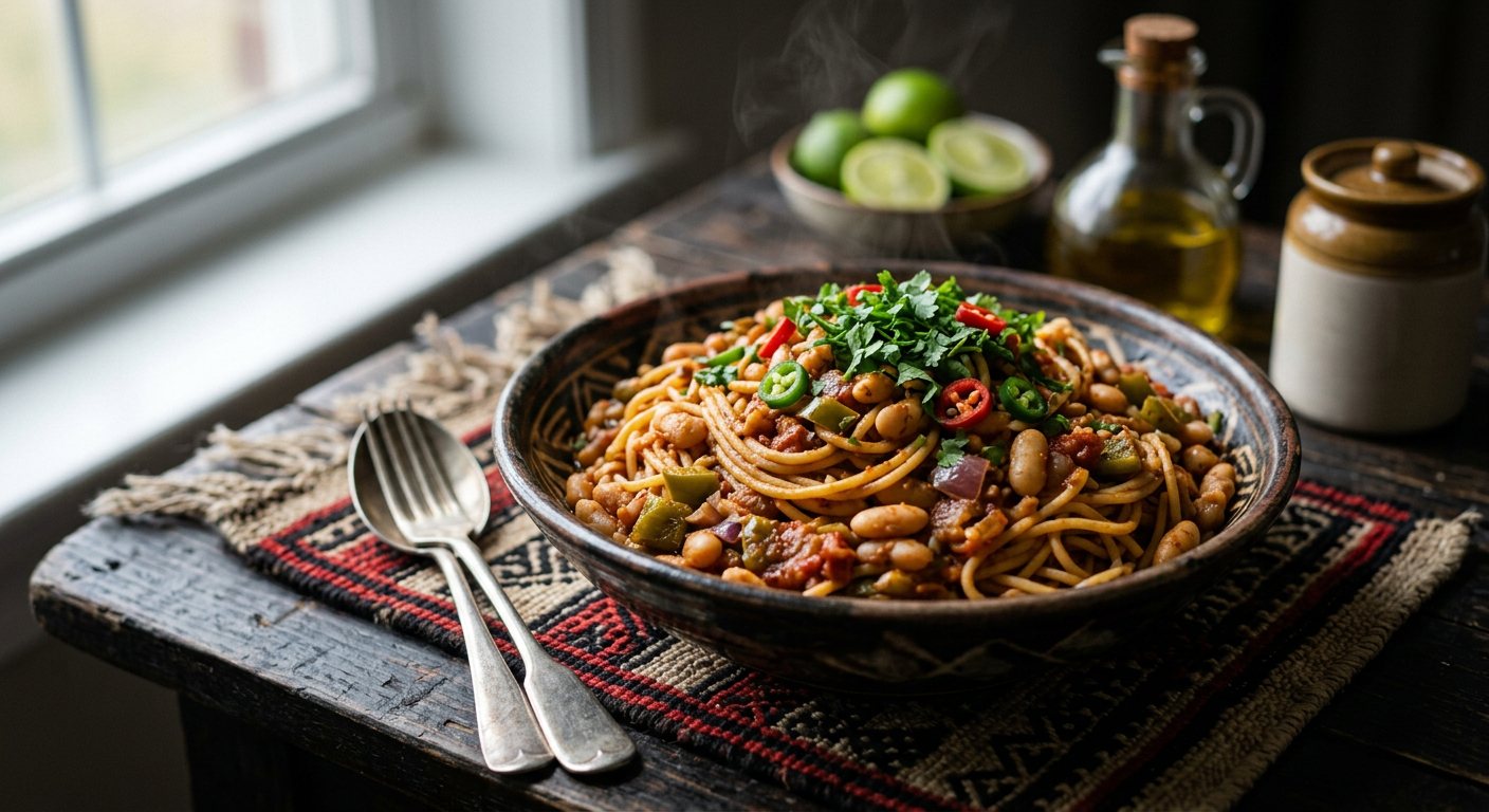 Baasto Faasoliya (Spiced Spaghetti with White Bean Stew) — Somalia