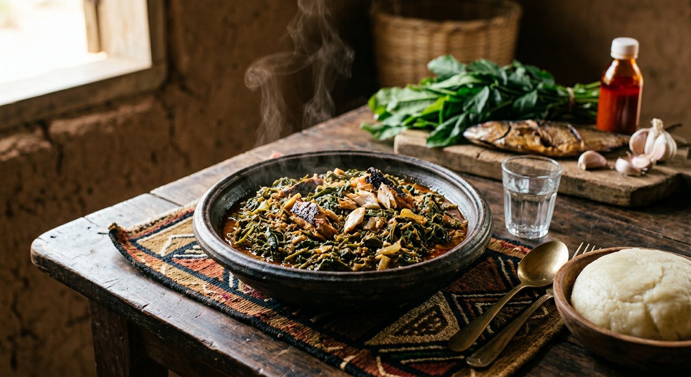 Nkumu à l'Oseille (Gnetum Greens with Wild Sorrel and Smoked Fish) — Gabon