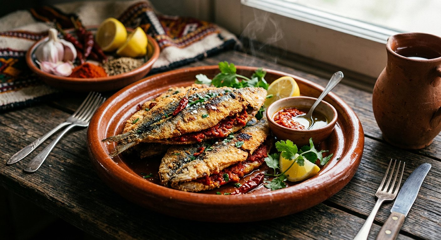 Sardines Mchermla (Pan-Fried Sardines Marinated in Spicy Dersa and Vinegar) — Algeria