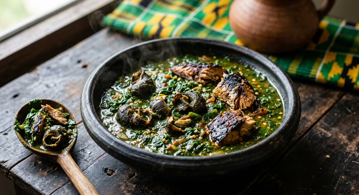 Ebunebunu (Forest Green Cocoyam Leaf Light Soup with Smoked Fish and Snails) — Ghana