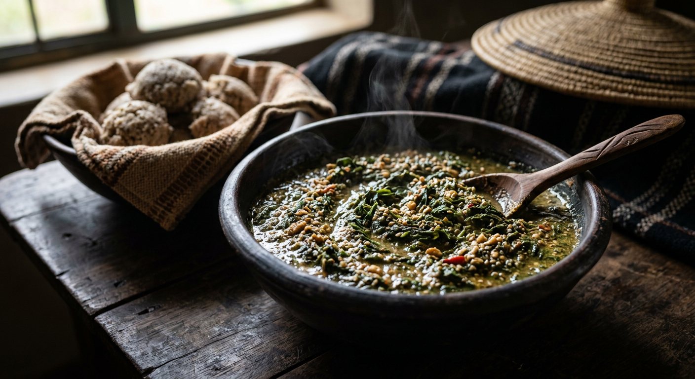 Malakwang (Sour Hibiscus Leaves in Peanut and Sesame Paste) — Uganda