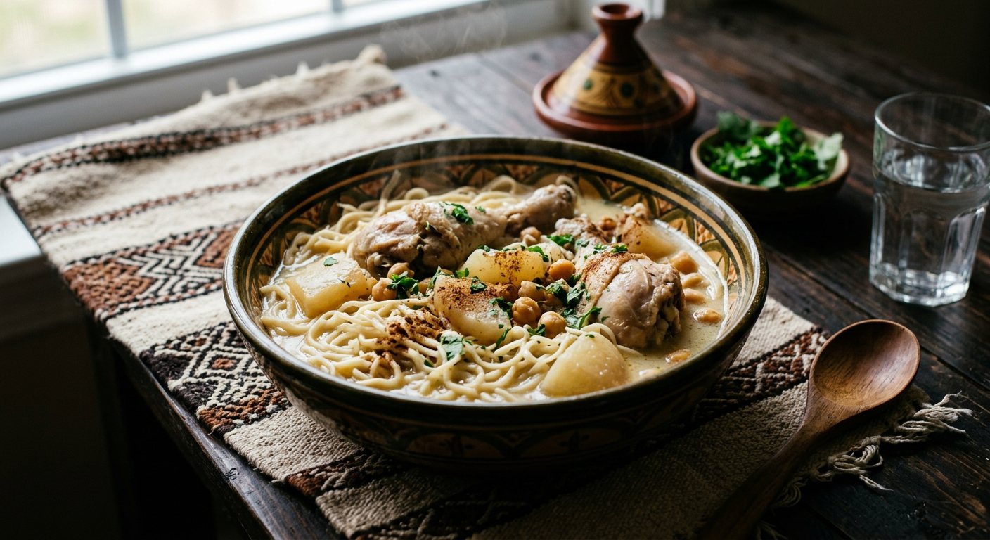Rechta Algéroise (Handmade Thin Steamed Noodles with Chicken, Turnips, and Cinnamon Sauce) — Algeria