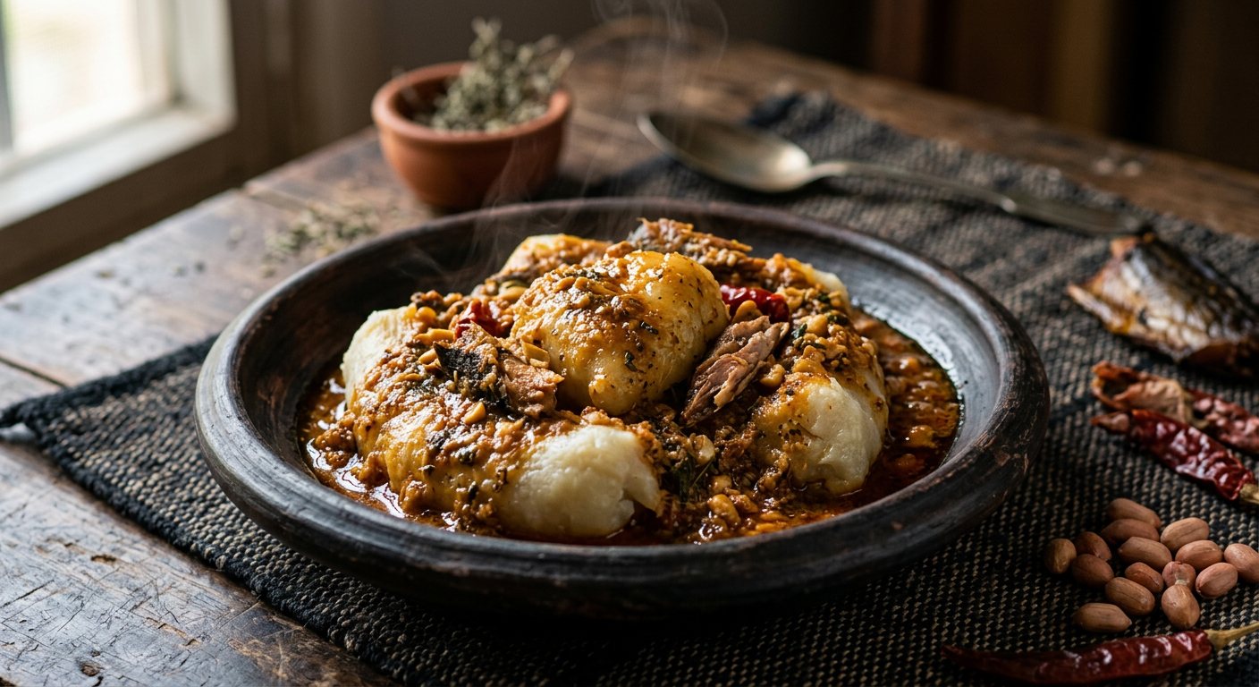 Kouavalo (Steamed Cassava Dough with Spicy Peanut Sauce) — Burkina Faso