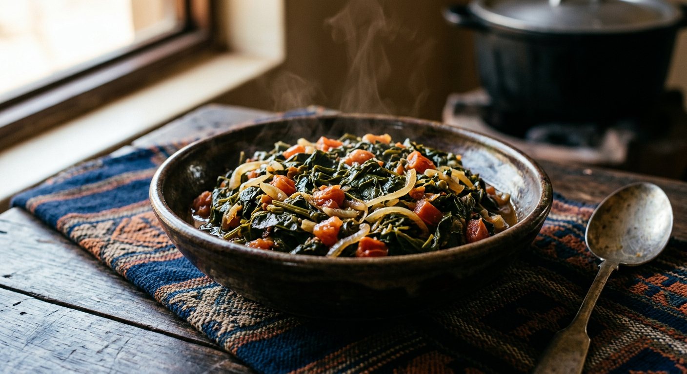 Ngowe (Braised Cowpea Greens with Tomatoes) — Malawi
