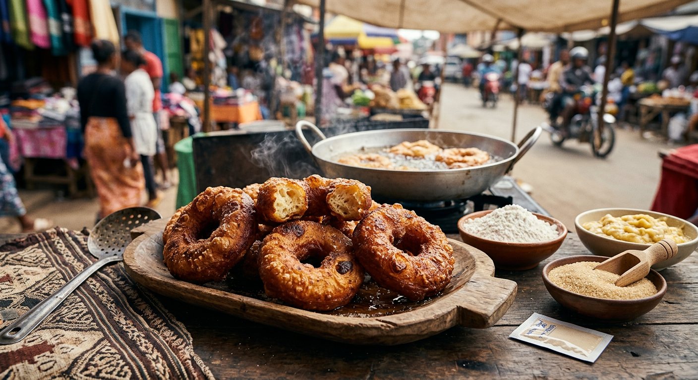 Mofo menakely (Crispy fried rice and banana ring doughnuts) — Madagascar