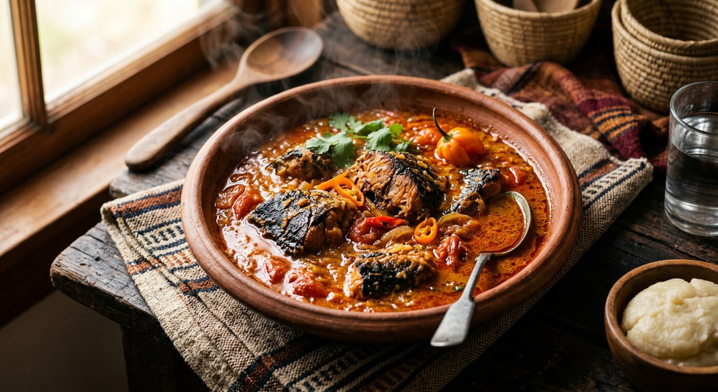 Konkoé Fumé en Sauce (Smoked Catfish in Spiced Tomato and Palm Sauce) — Guinea